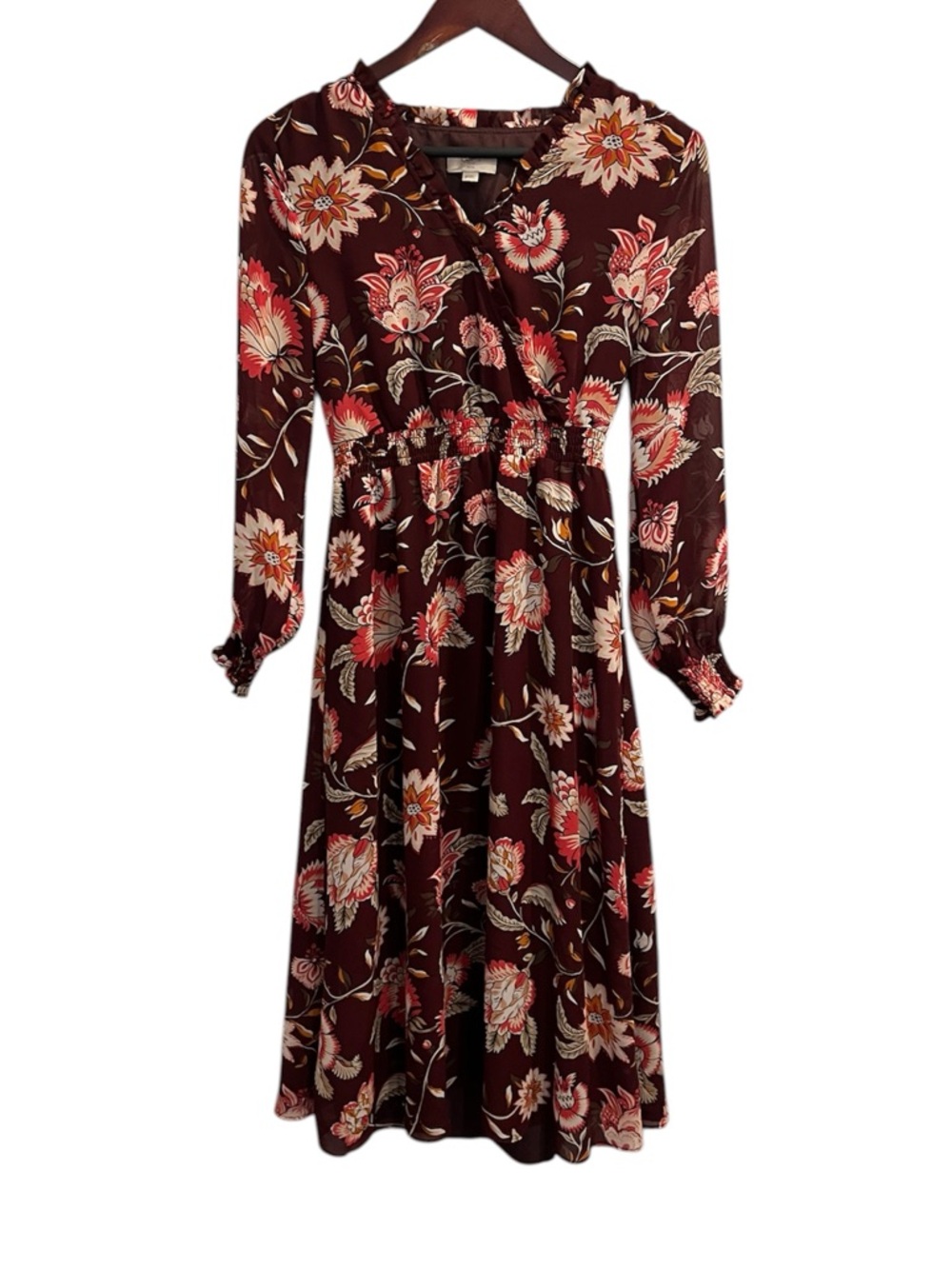 LOFT Floral Long Sleeve Midi Dress Size SP